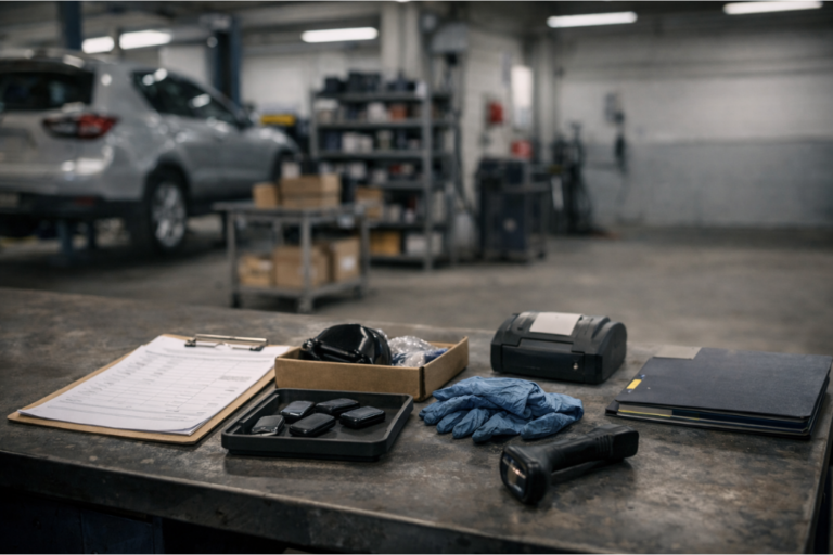 Atelier de carrosserie avec zone de préparation et poste de travail organisé, documents flous et outils, suggérant l’optimisation des processus et de la rentabilité.