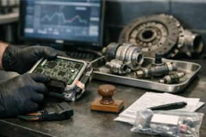 Technicien d’atelier automobile connectant une interface de diagnostic au port OBD d’un véhicule, ordinateur portable à l’écran flou affichant des courbes, câbles et outils sur l’établi — scène illustrant l’évaluation des risques liés à une reprogrammation moteur en après-vente.