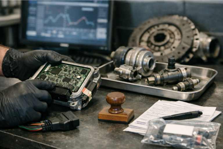 Technicien d’atelier automobile connectant une interface de diagnostic au port OBD d’un véhicule, ordinateur portable à l’écran flou affichant des courbes, câbles et outils sur l’établi — scène illustrant l’évaluation des risques liés à une reprogrammation moteur en après-vente.