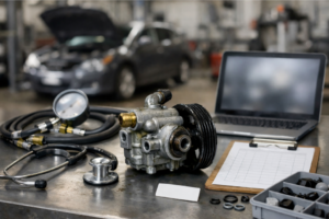 Servopompe électro-hydraulique démontée sur un établi, avec flexibles de test, raccords et outils de diagnostic, ordinateur à l’écran illisible en arrière-plan.