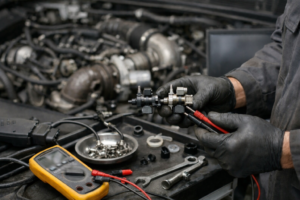 Solenoide de control del turbo sobre una mesa de taller, con mangueras de vacío y multímetro, y un motor/vehículo genérico desenfocado al fondo.