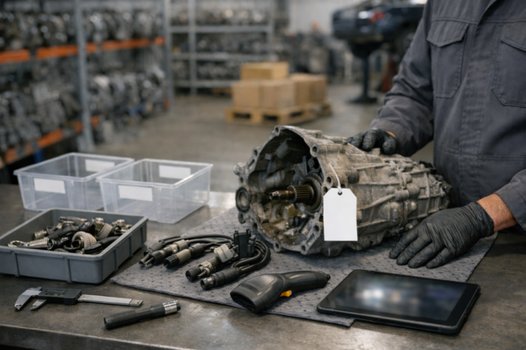 Stratégie commerciale des VHU pour la vente de pièces de changement de vitesses. 16 Pièces de boîte de vitesses issues de VHU sur un établi : pignons, synchroniseurs et carter, avec bacs de tri et étiquettes neutres en arrière-plan.