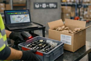 Poste de préparation de commandes en atelier/entrepôt : opérateur avec gants scannant des petites pièces de changement de vitesses (biellettes, clips, bagues, embouts) dans des bacs, avec ordinateur affichant un tableau de suivi au texte illisible et cartons prêts à expédier — scène illustrant le suivi des commandes en temps réel.