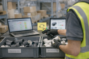 Opérateur en zone logistique scannant des conduites et petites pièces en PVC dans des bacs de tri, avec un ordinateur portable affichant un tableau ERP (texte illisible) et une tablette montrant une fiche produit “marketplace” (texte illisible) — scène illustrant la synchronisation de stock.