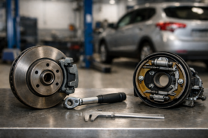 Comparação numa bancada de oficina: travão de serviço com disco e pinça à esquerda e travão de estacionamento tipo tambor interno com sapatas à direita.