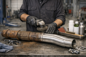 Tramo de tubo de escape oxidado en un elevador, con zonas de corrosión visible y herramientas de limpieza/restauración sobre un banco de taller.