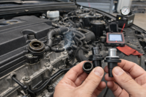 Válvula PCV en primer plano con comparación entre pieza usada y nueva sobre banco de trabajo, junto a manguera del sistema PCV y elementos de diagnosis de fugas de vacío en un taller.