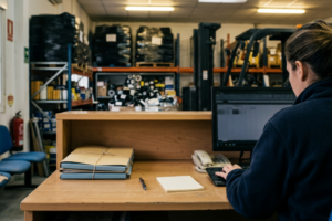 Technicien automobile en train de remplacer un roulement de roue dans un atelier, avec des outils adaptés et dans un contexte technique professionnel.