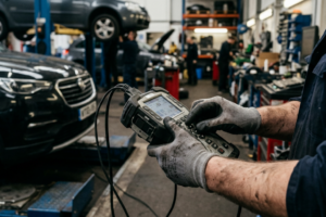Técnico de oficina a realizar a calibração de sistemas ADAS com equipamento de diagnóstico e alinhamento num ambiente profissional.
