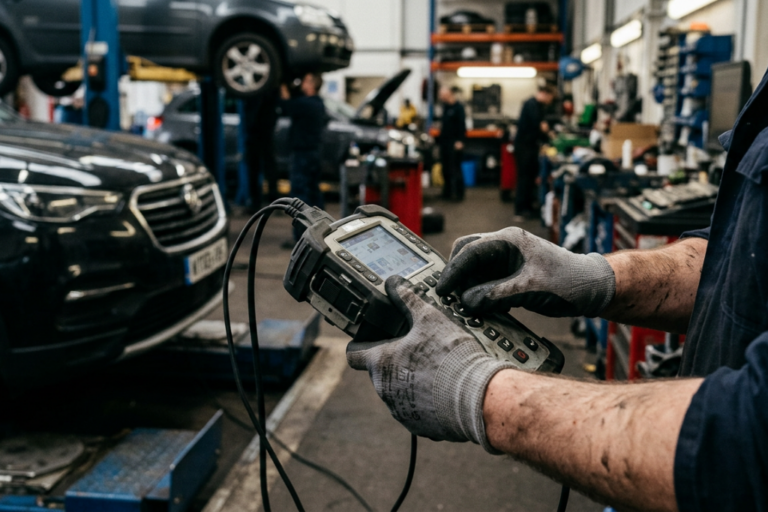 Calibração de sistemas ADAS: o novo desafio das oficinas 7 Técnico de oficina a realizar a calibração de sistemas ADAS com equipamento de diagnóstico e alinhamento num ambiente profissional.
