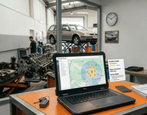 Profissional a analisar a presença de uma empresa no Google Maps e a otimizar a estratégia de SEO local num computador.