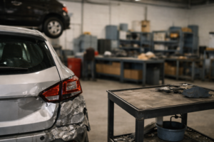 Technicien carrosserie utilisant tablette pour évaluer dommages véhicule accidenté atelier