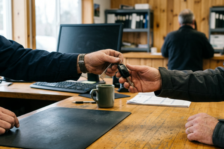 Cliente a ser atendido numa oficina, num ambiente profissional focado na qualidade do serviço e na experiência do cliente.