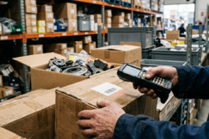 Profissional a gerir devoluções de peças num contexto B2B, com apoio de sistemas digitais e processos organizados.