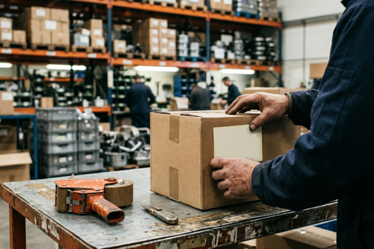 Profissional a gerir um e-commerce B2B de peças num computador, com foco na organização de produtos, referências e pedidos.