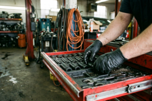 Mecánico profesional organizando un carro de herramientas en un taller, con distintas herramientas ordenadas para mejorar la eficiencia del trabajo.