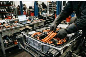 Técnico automóvel a realizar manutenção num veículo elétrico ou híbrido, com foco em procedimentos técnicos e de segurança.