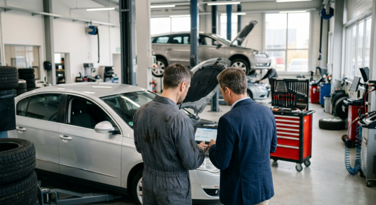Profesional de un taller explicando de forma clara a un cliente el estado del vehículo, los trabajos necesarios y el presupuesto de reparación.