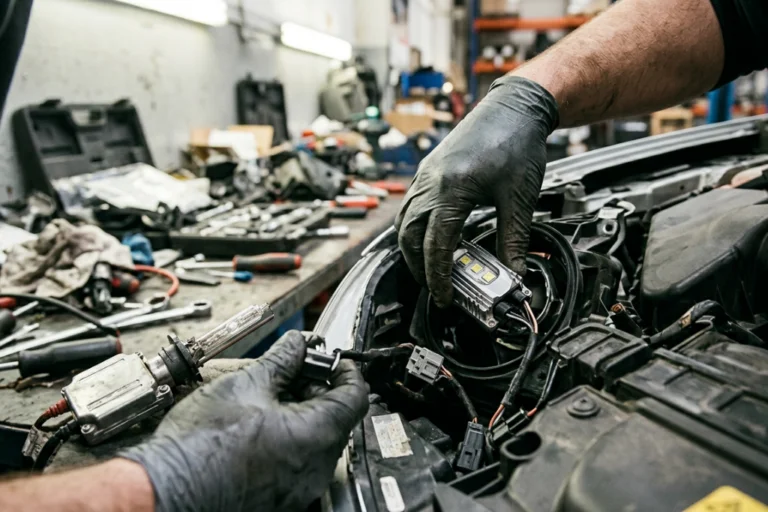 Evolução e substituição de sistemas de iluminação LED e Xenon 4 Técnico automóvel a analisar ou substituir sistemas de iluminação LED e Xenon num veículo, num contexto profissional e especializado.