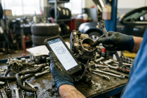 Técnico de automoción revisando el cuerpo de mariposa y realizando una adaptación digital con equipo de diagnosis en un taller profesional.