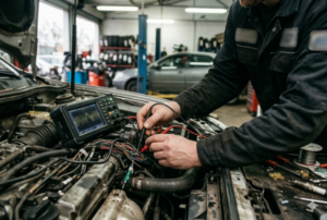 Técnico de automoción utilizando un osciloscopio en un proceso de diagnosis avanzada dentro de un taller profesional.