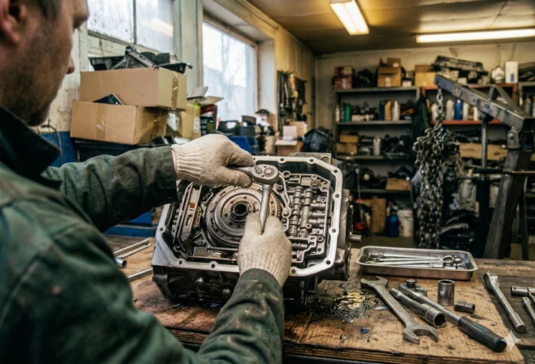 Technicien automobile intervenant sur une boîte de vitesses automatique dans un atelier de réparation ou d’entretien.