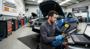 Mecánico o técnico utilizando distintos manómetros de presión en un proceso de diagnosis profesional dentro de un taller.