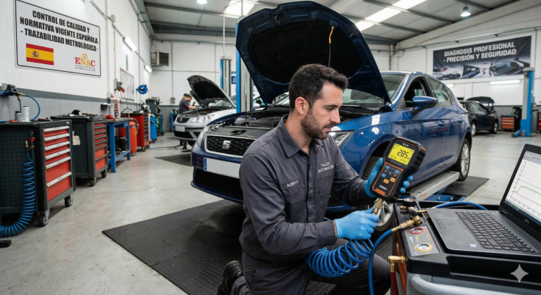 Mecánico o técnico utilizando distintos manómetros de presión en un proceso de diagnosis profesional dentro de un taller.