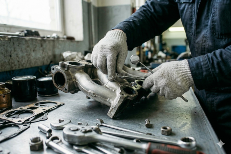Técnico de automoción inspeccionando el colector de admisión de un motor en un taller, en un contexto de diagnosis y reparación profesional.