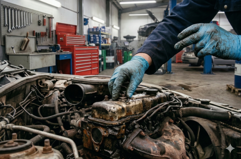 Profesional del sector de automoción inspeccionando un motor de desguace en un entorno de almacén o taller especializado.
