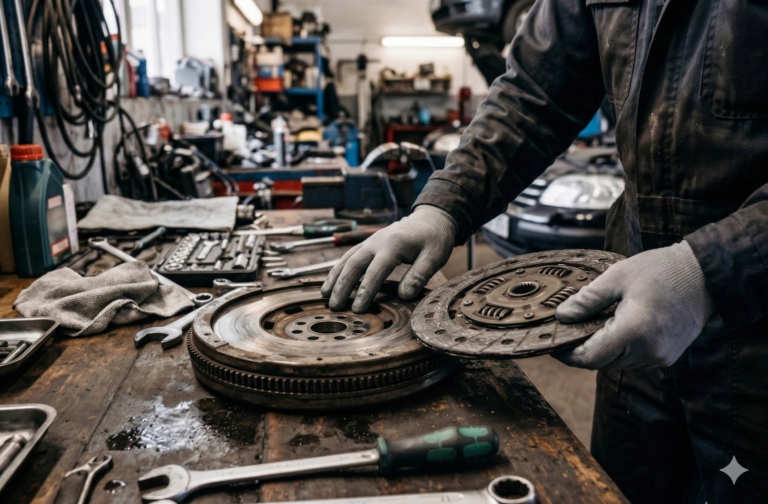 Profesional de automoción revisando el sistema de embrague y volante bimasa de un vehículo en un taller especializado.