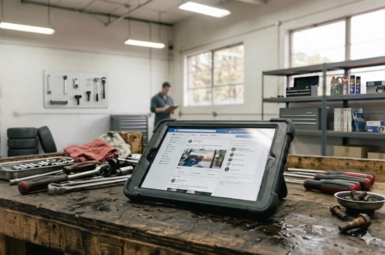 Professionnel d’un garage automobile utilisant les réseaux sociaux sur un ordinateur ou un smartphone pour promouvoir ses services.