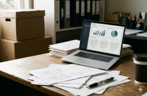 Professionnel de l’automobile préparant une campagne d’email marketing sur un ordinateur pour promouvoir les services d’un garage ou d’une concession.