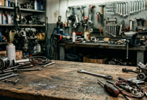 Professionnel du secteur automobile préparant une stratégie publicitaire locale sur ordinateur pour promouvoir un garage à travers le digital et les médias de proximité.