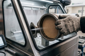 Profesional de automoción gestionando recambios y realizando tareas de limpieza del filtro de partículas DPF en un taller especializado.