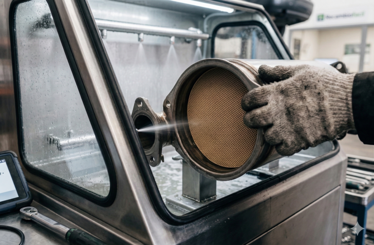 Gestión de recambios y limpieza del filtro de partículas (DPF) 13 Profesional de automoción gestionando recambios y realizando tareas de limpieza del filtro de partículas DPF en un taller especializado.