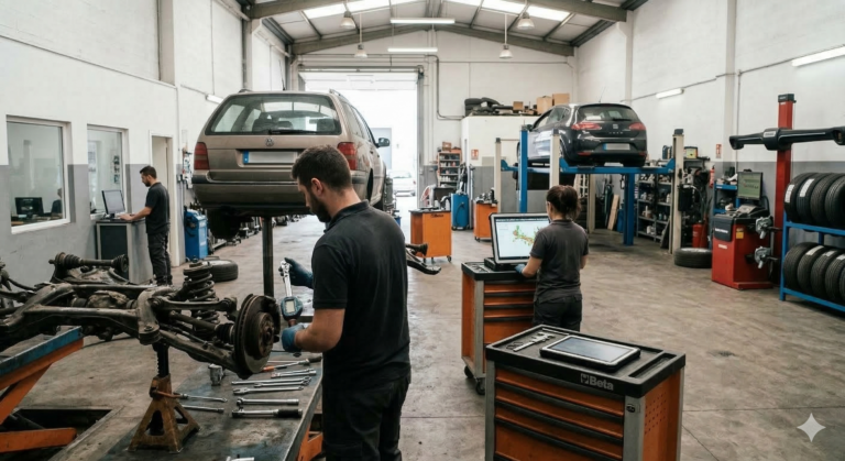 Profissional a consultar um catálogo eletrónico de peças num computador portátil, num ambiente de trabalho técnico.