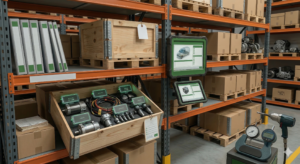 Profissional a utilizar tecnologias de diagnóstico automóvel e ferramentas digitais para selecionar peças de forma mais precisa.