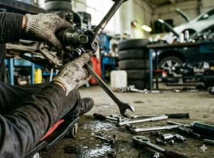 Técnico de automoción realizando el mantenimiento o la sustitución del palier en un taller, con herramientas específicas y en un entorno profesional.