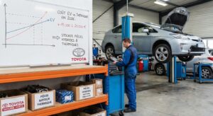 Module batterie hybride Toyota en atelier de réparation