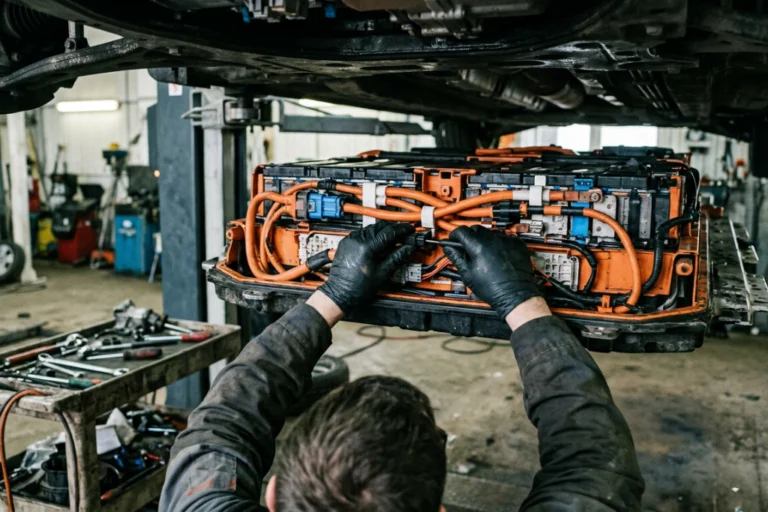 Technicien automobile intervenant sur la batterie d’une voiture électrique dans un atelier spécialisé.