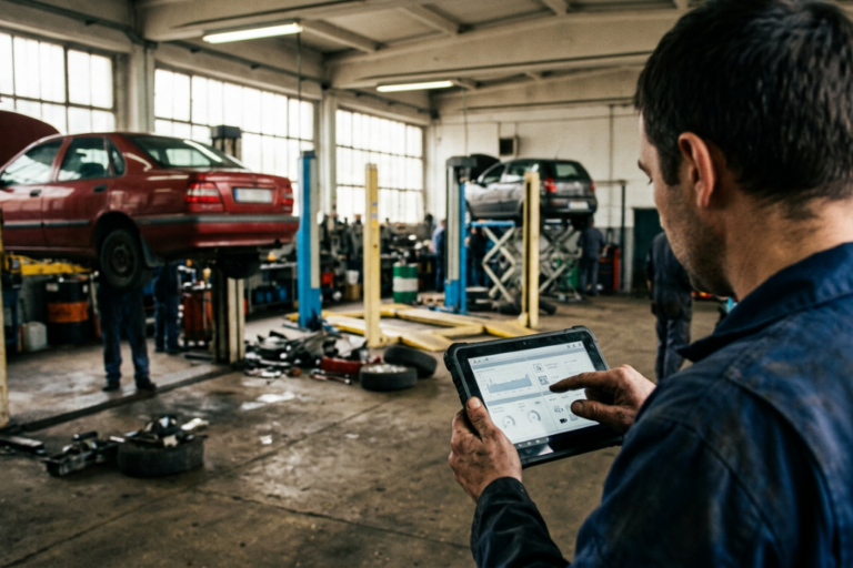 Profesional de taller evaluando o utilizando un elevador de coches en un entorno de trabajo especializado en automoción.