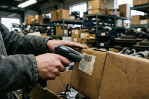 Profissional a identificar peças automóveis com apoio de referências técnicas e ferramentas digitais num ambiente de trabalho especializado.