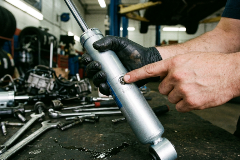 Profesional del sector de automoción inspeccionando o manipulando amortiguadores en un entorno técnico especializado en chasis.