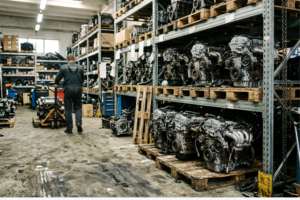 Professionnel du secteur automobile examinant un moteur reconditionné dans un environnement B2B de vente ou d’approvisionnement.