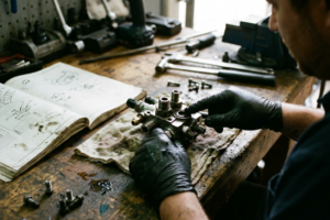 Professionnel de l’automobile consultant la documentation technique ou réglementaire sur l’homologation des pièces dans un atelier.