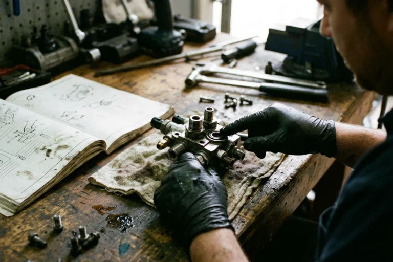 Professionnel de l’automobile consultant la documentation technique ou réglementaire sur l’homologation des pièces dans un atelier.