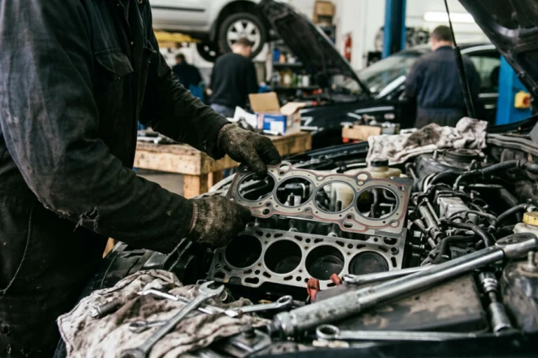 Technicien automobile en train d’intervenir sur un joint de culasse dans un atelier, dans un contexte technique lié au temps de réparation et à la rentabilité.