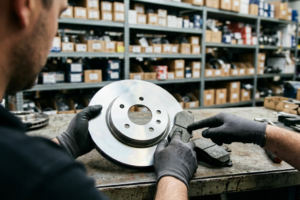 Profissional a verificar componentes do sistema de travagem de um veículo, num contexto técnico focado na segurança e no desempenho.