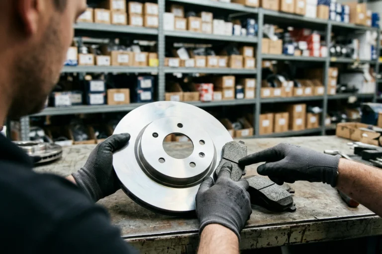 O impacto das peças de travagem na segurança e performance 5 Profissional a verificar componentes do sistema de travagem de um veículo, num contexto técnico focado na segurança e no desempenho.